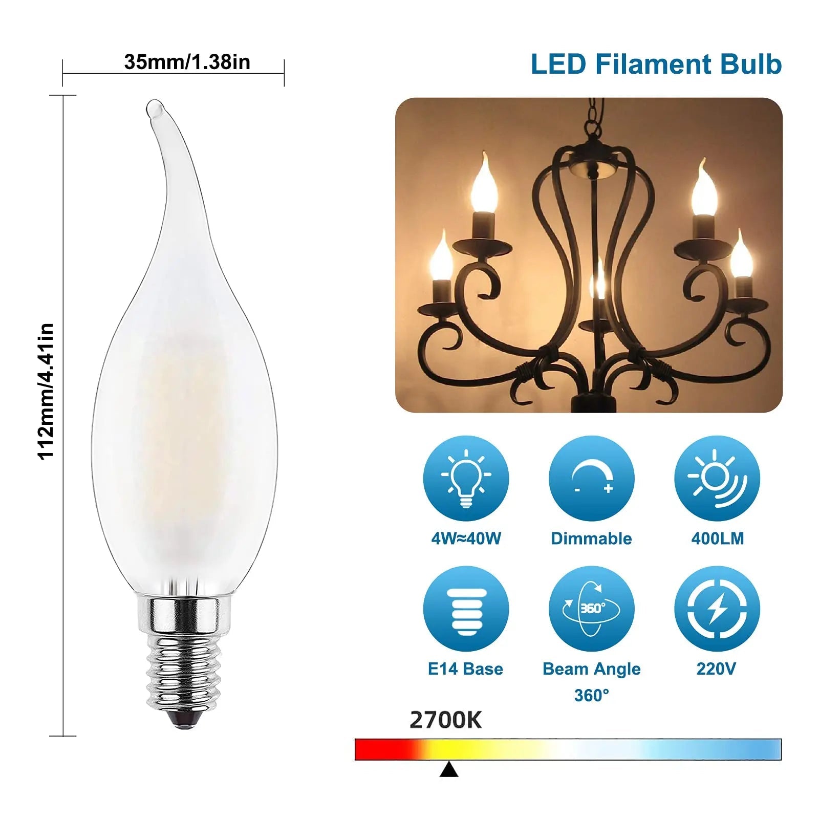 Ampoule LED bougie rétro dimmable C35 E14 4W 2700K blanc chaud - Luminous Place