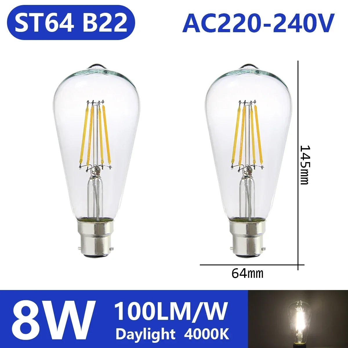 Ampoule LED filament E14 E27 4W - 9W verre blanc chaud 360° rétro Edison, 2 pièces - Luminous Place