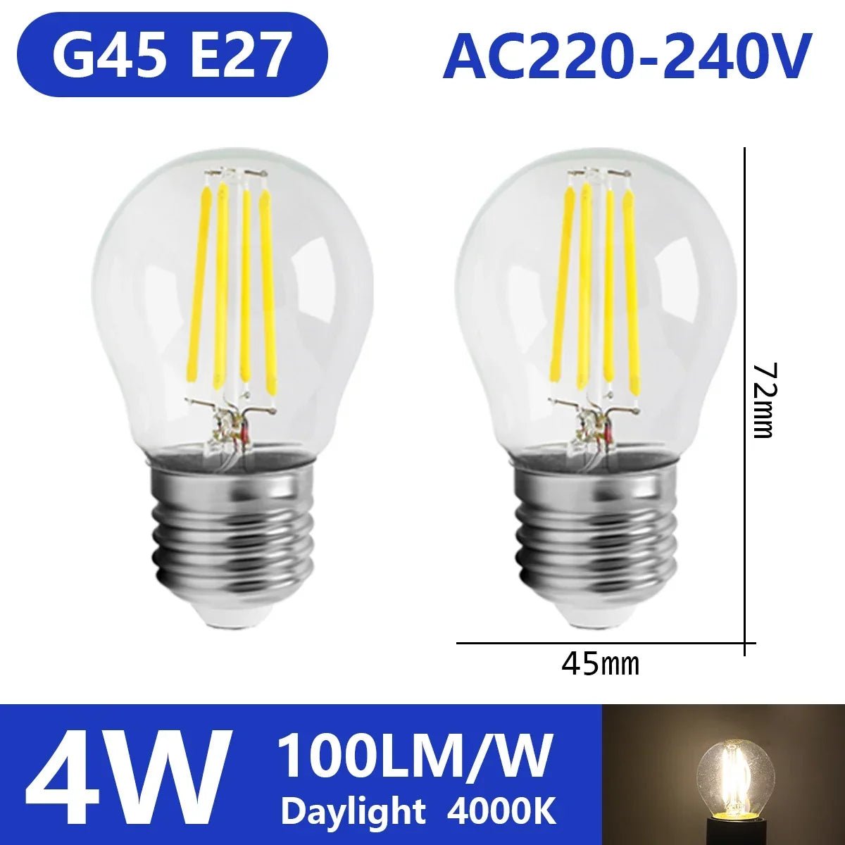 Ampoule LED filament E14 E27 4W - 9W verre blanc chaud 360° rétro Edison, 2 pièces - Luminous Place