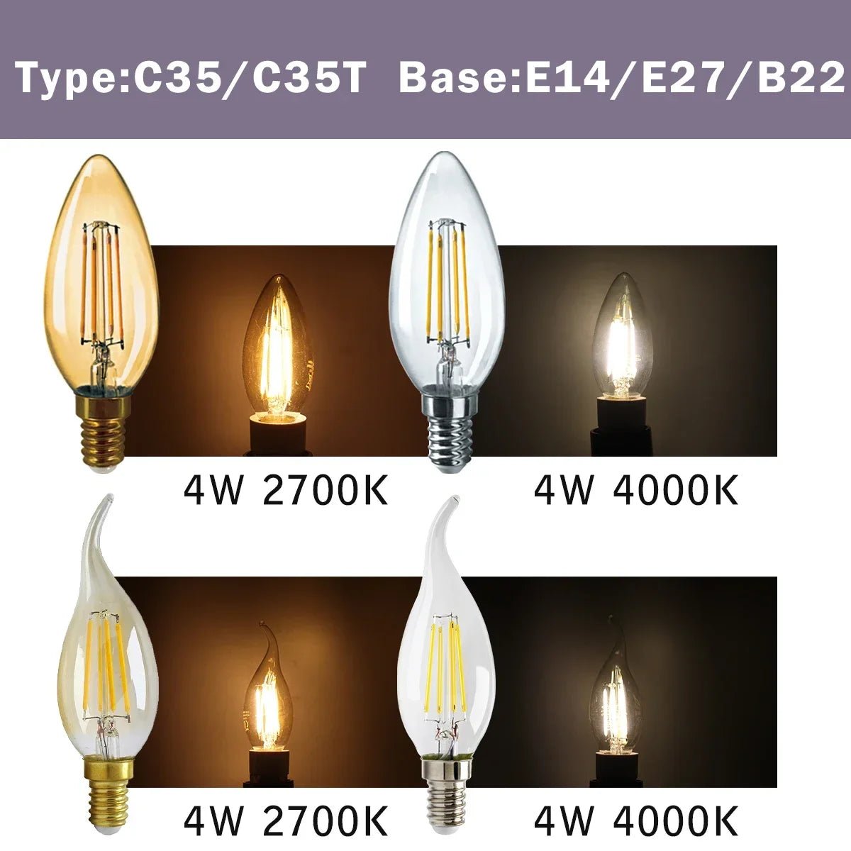 Ampoule LED filament E14 E27 4W - 9W verre blanc chaud 360° rétro Edison, 2 pièces - Luminous Place
