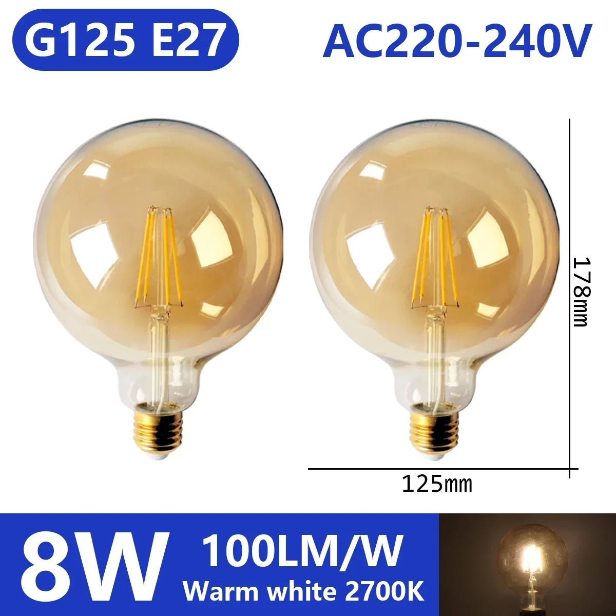 Ampoule LED filament E14 E27 4W - 9W verre blanc chaud 360° rétro Edison, 2 pièces - Luminous Place