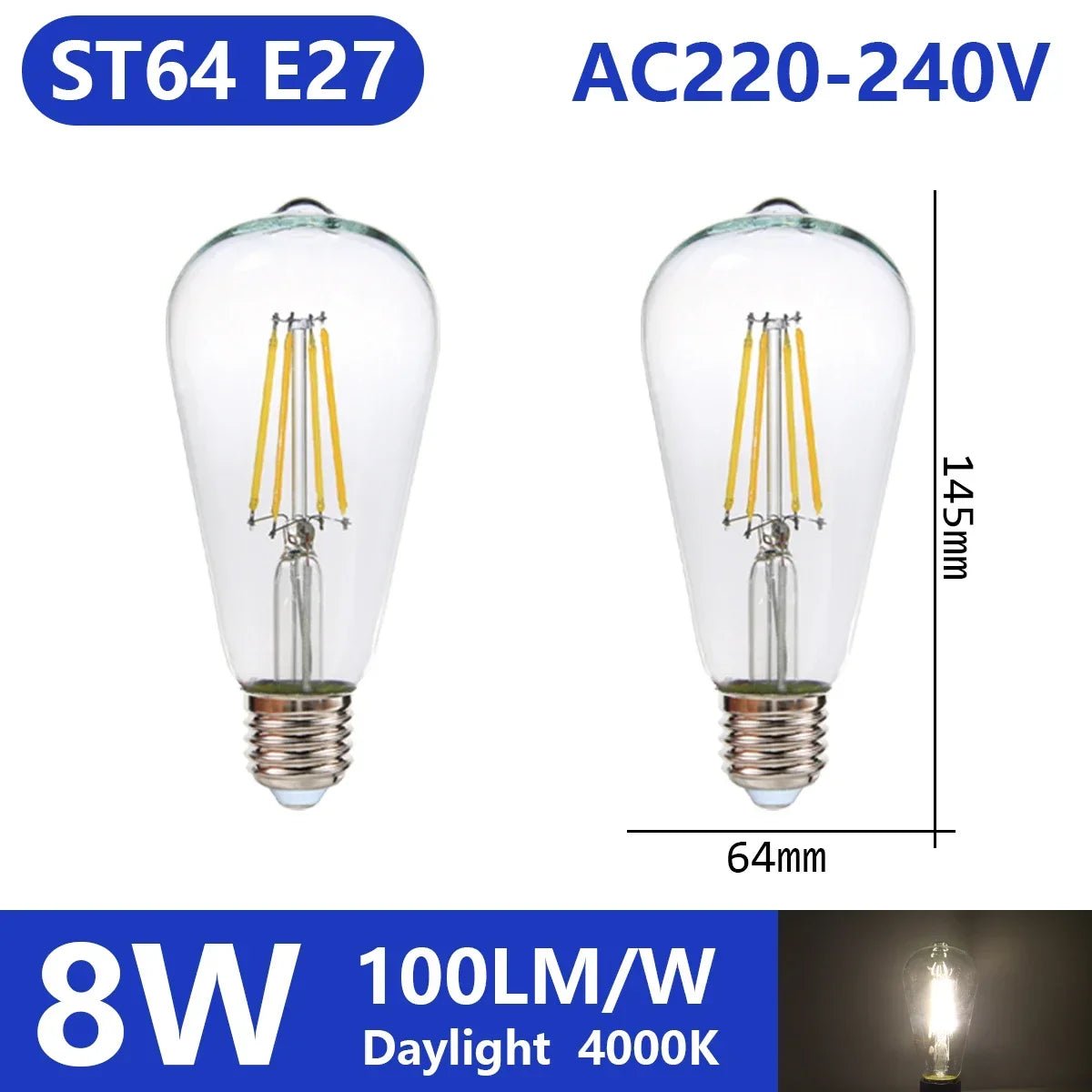 Ampoule LED filament E14 E27 4W - 9W verre blanc chaud 360° rétro Edison, 2 pièces - Luminous Place