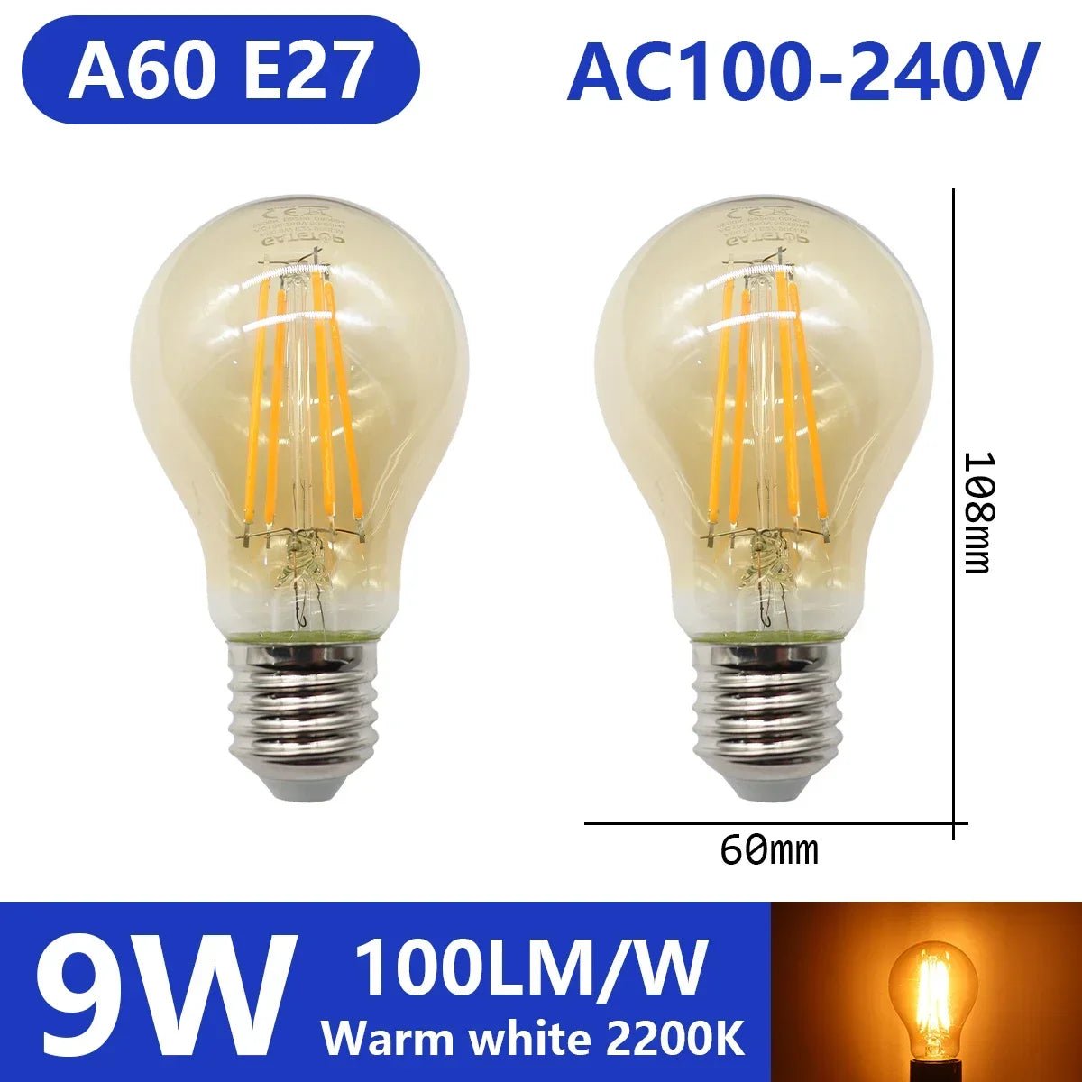 Ampoule LED filament E14 E27 4W - 9W verre blanc chaud 360° rétro Edison, 2 pièces - Luminous Place
