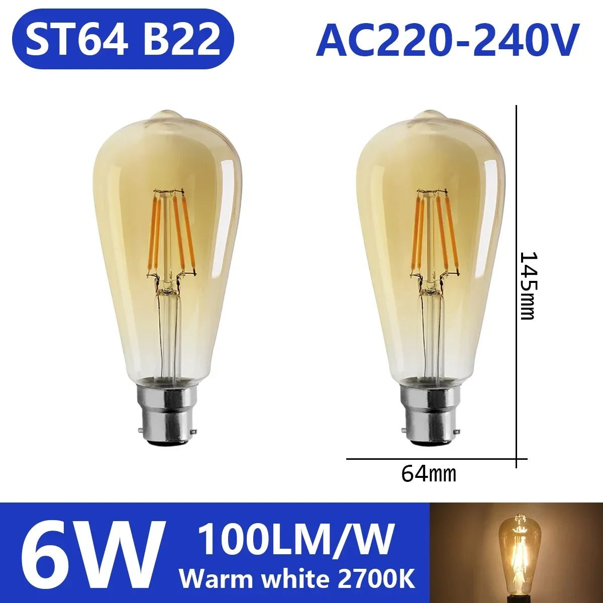 Ampoule LED filament E14 E27 4W - 9W verre blanc chaud 360° rétro Edison, 2 pièces - Luminous Place