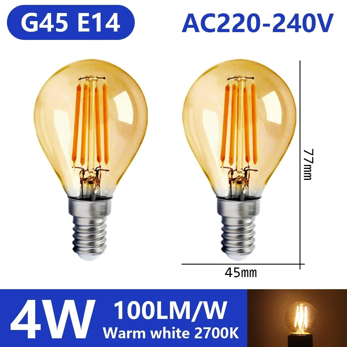 Ampoule LED filament E14 E27 4W - 9W verre blanc chaud 360° rétro Edison, 2 pièces - Luminous Place