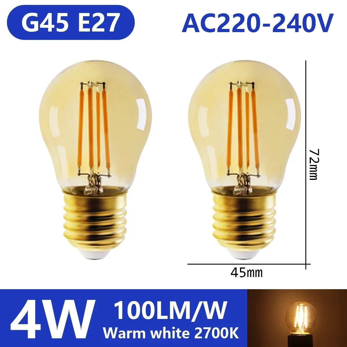Ampoule LED filament E14 E27 4W - 9W verre blanc chaud 360° rétro Edison, 2 pièces - Luminous Place