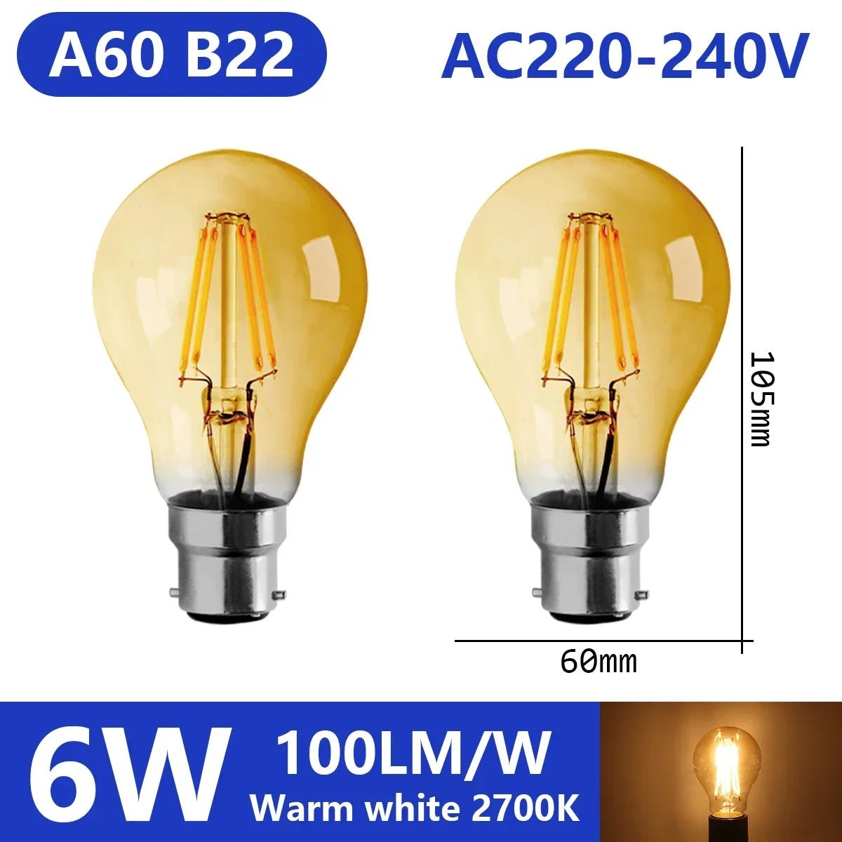 Ampoule LED filament E14 E27 4W - 9W verre blanc chaud 360° rétro Edison, 2 pièces - Luminous Place