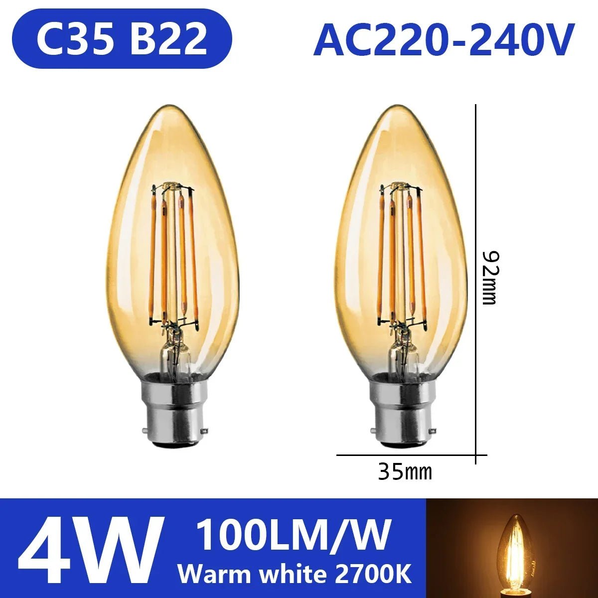 Ampoule LED filament E14 E27 4W - 9W verre blanc chaud 360° rétro Edison, 2 pièces - Luminous Place