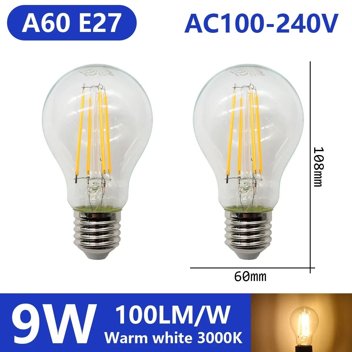 Ampoule LED filament E14 E27 4W - 9W verre blanc chaud 360° rétro Edison, 2 pièces - Luminous Place