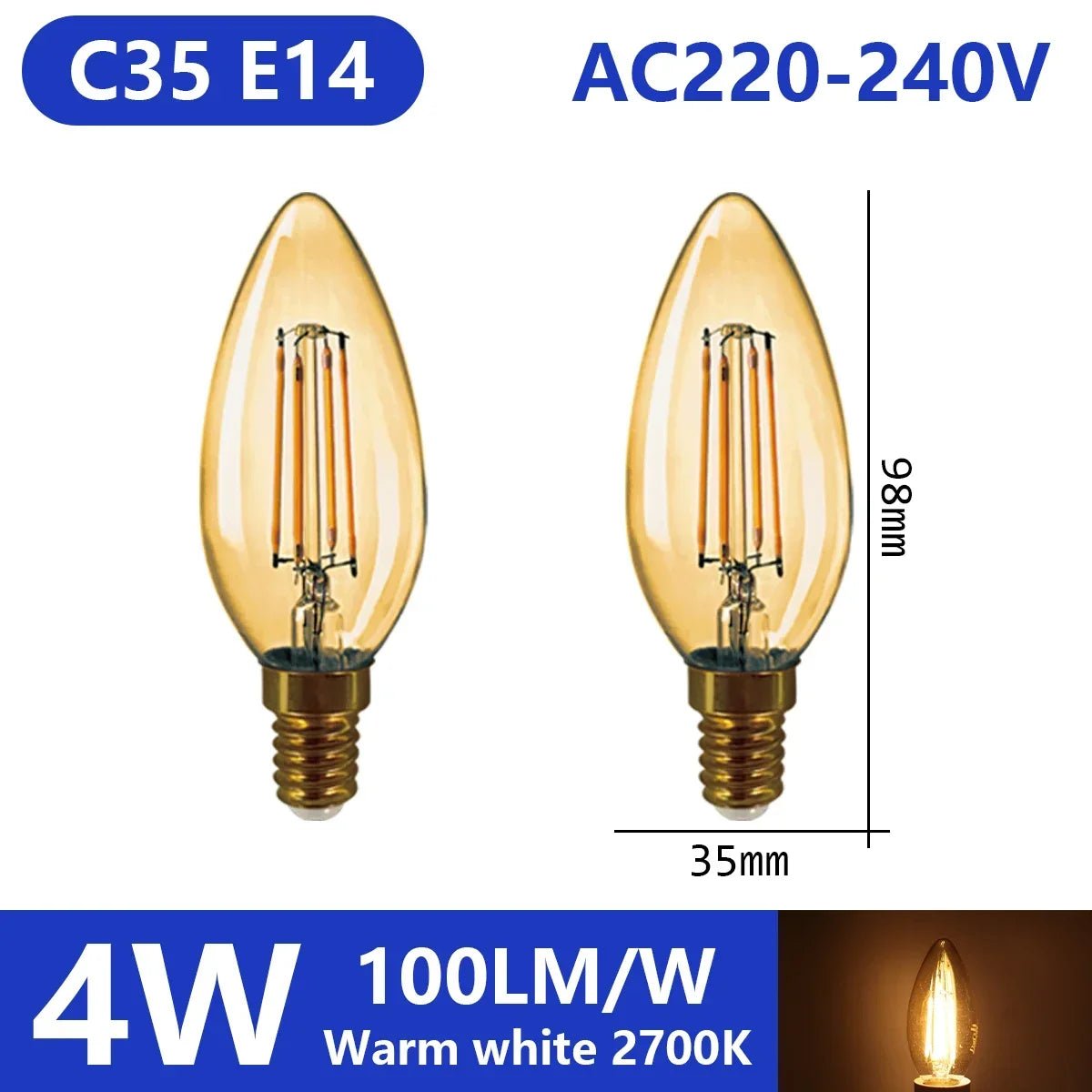 Ampoule LED filament E14 E27 4W - 9W verre blanc chaud 360° rétro Edison, 2 pièces - Luminous Place