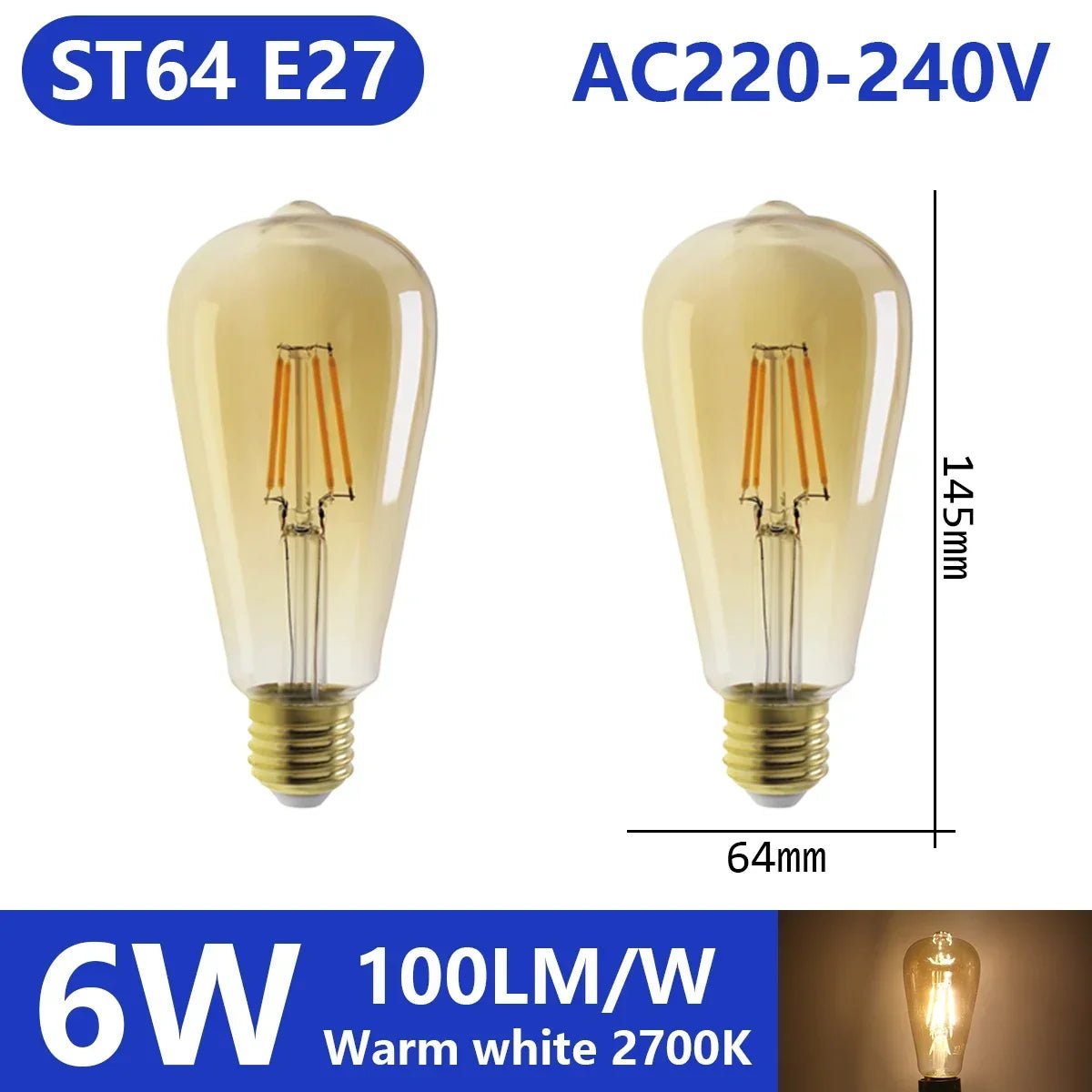 Ampoule LED filament E14 E27 4W - 9W verre blanc chaud 360° rétro Edison, 2 pièces - Luminous Place