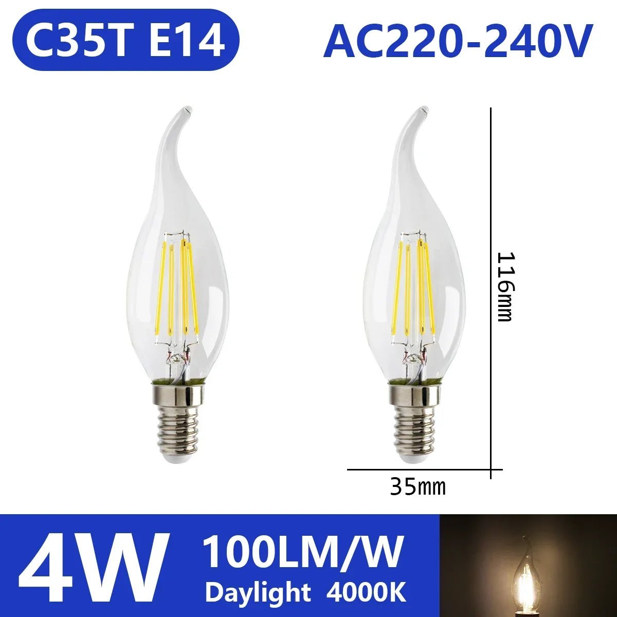 Ampoule LED filament E14 E27 4W - 9W verre blanc chaud 360° rétro Edison, 2 pièces - Luminous Place