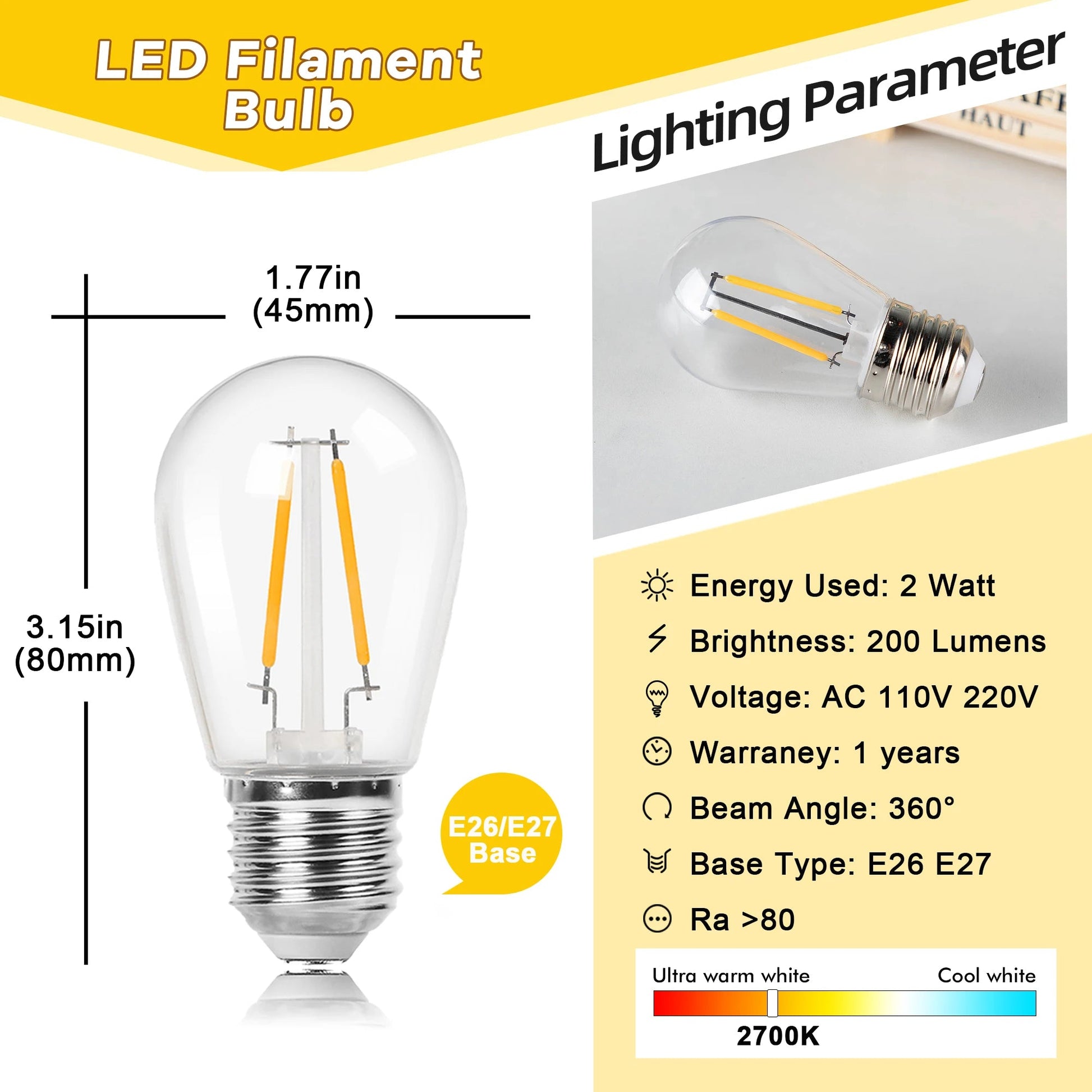 Ampoule LED S14 incassable 2W E27, lumière chaude pour guirlande extérieure, lot de 25 - Luminous Place