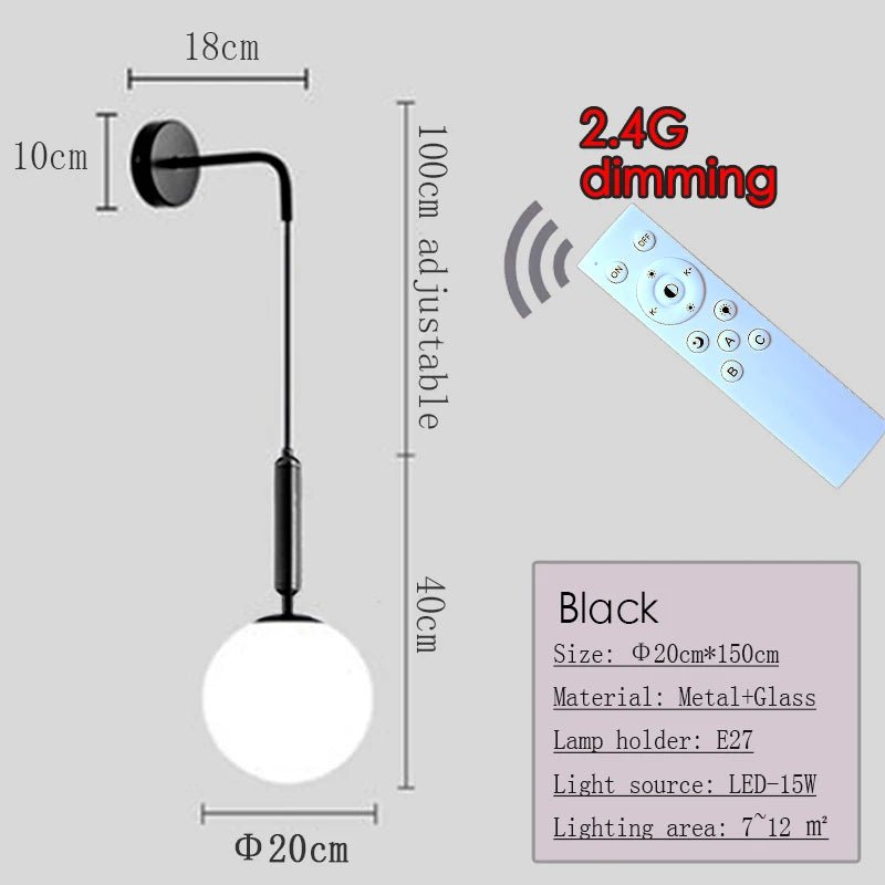 Applique Murale Dimmable 2.4G Noir/Or en Verre Boule, Télécommande 30m - Luminous Place