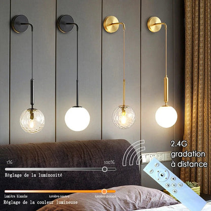 Applique Murale Dimmable 2.4G Noir/Or en Verre Boule, Télécommande 30m - Luminous Place