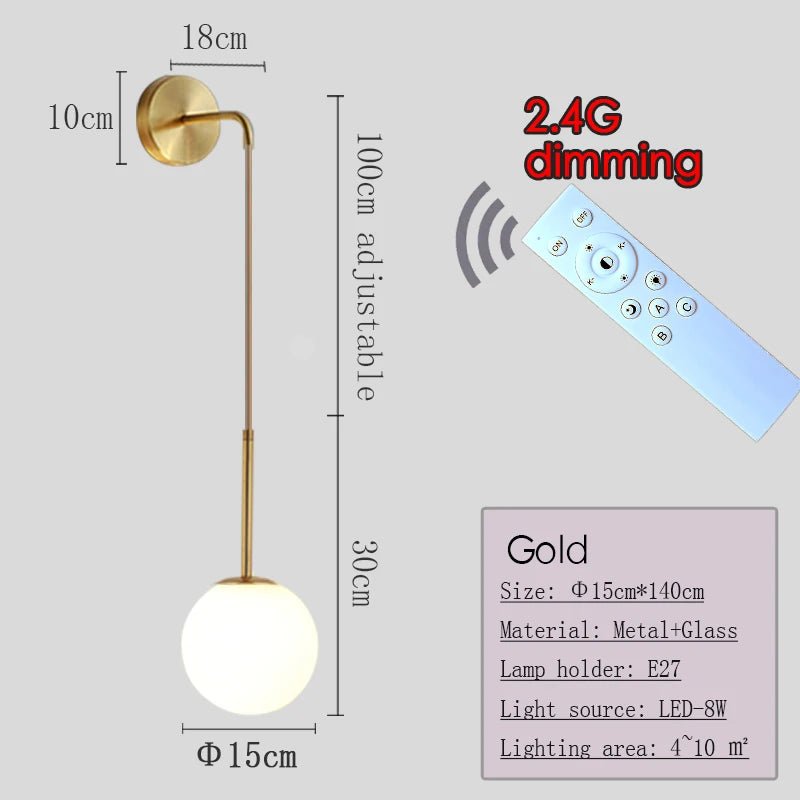 Applique Murale Dimmable 2.4G Noir/Or en Verre Boule, Télécommande 30m - Luminous Place