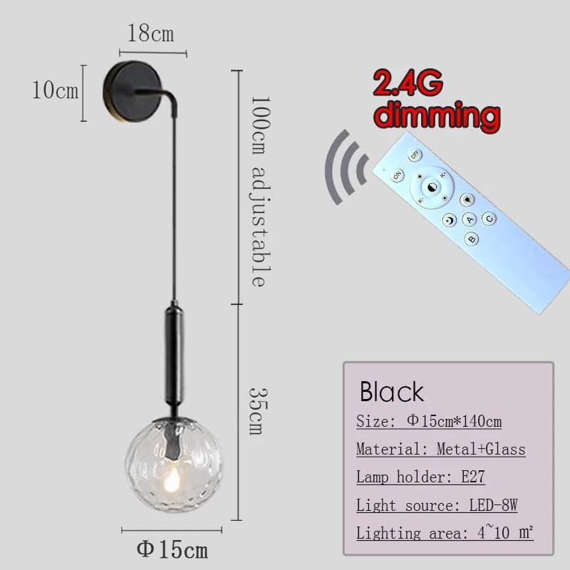 Applique Murale Dimmable 2.4G Noir/Or en Verre Boule, Télécommande 30m - Luminous Place