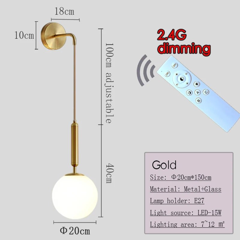 Applique Murale Dimmable 2.4G Noir/Or en Verre Boule, Télécommande 30m - Luminous Place