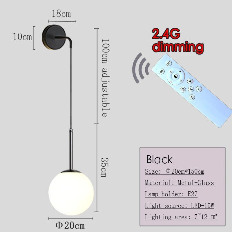 Applique Murale Dimmable 2.4G Noir/Or en Verre Boule, Télécommande 30m - Luminous Place
