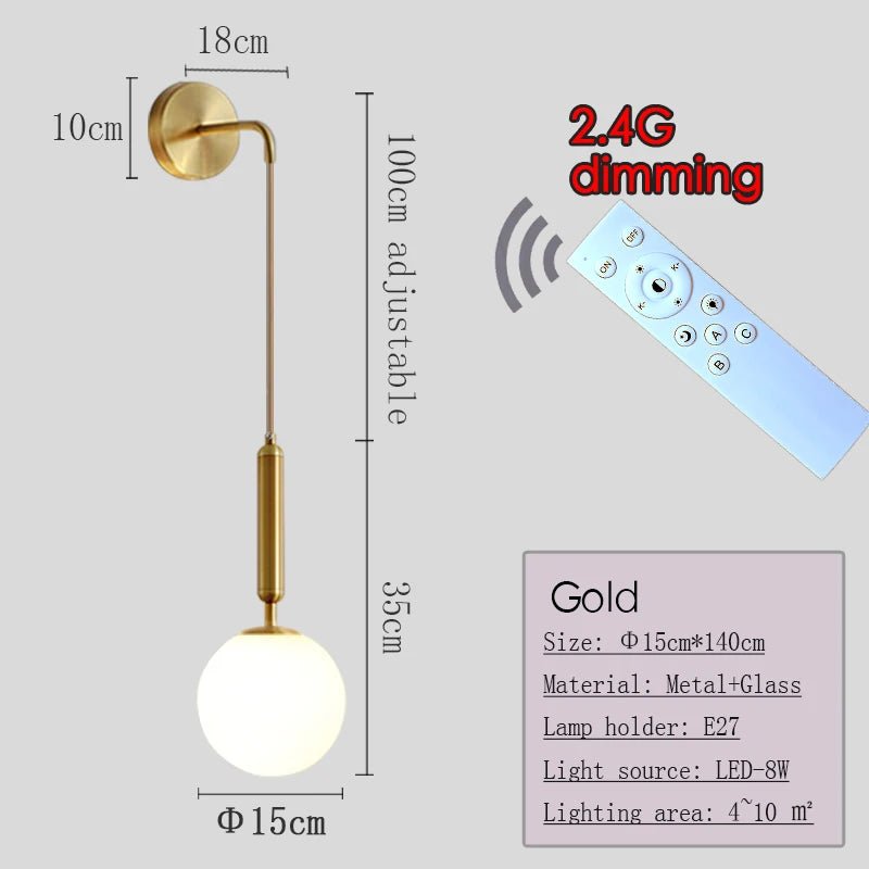 Applique Murale Dimmable 2.4G Noir/Or en Verre Boule, Télécommande 30m - Luminous Place
