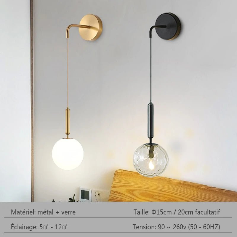 Applique Murale Dimmable 2.4G Noir/Or en Verre Boule, Télécommande 30m - Luminous Place