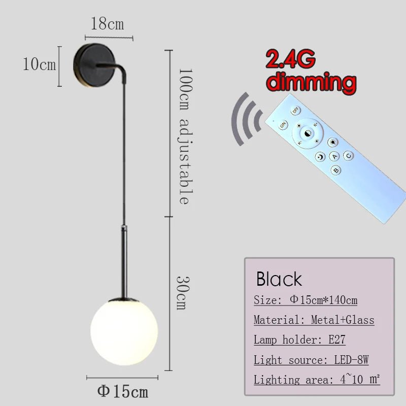 Applique Murale Dimmable 2.4G Noir/Or en Verre Boule, Télécommande 30m - Luminous Place