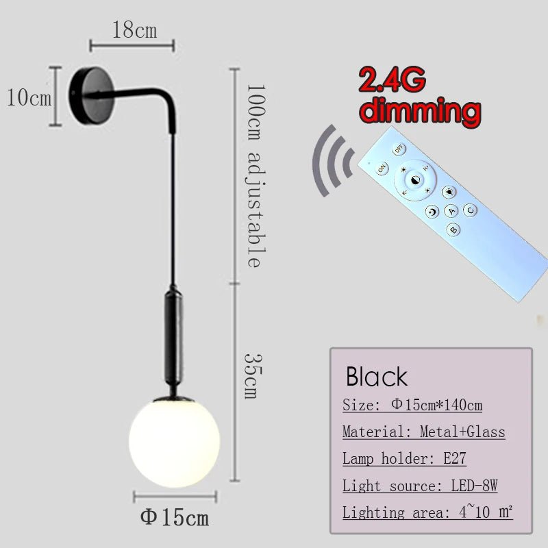 Applique Murale Dimmable 2.4G Noir/Or en Verre Boule, Télécommande 30m - Luminous Place