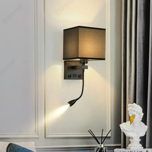 Applique Murale LED en Tissu E27 avec USB et Interrupteur, Angle Réglable, Lumière Chaude - Luminous Place