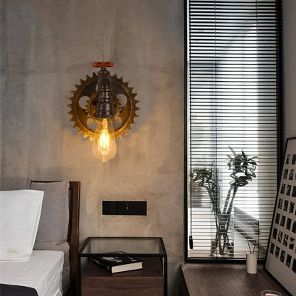 Applique Murale Vintage Industrielle en Fer et Bois avec Roue Dentée pour Salon et Étude - Luminous Place