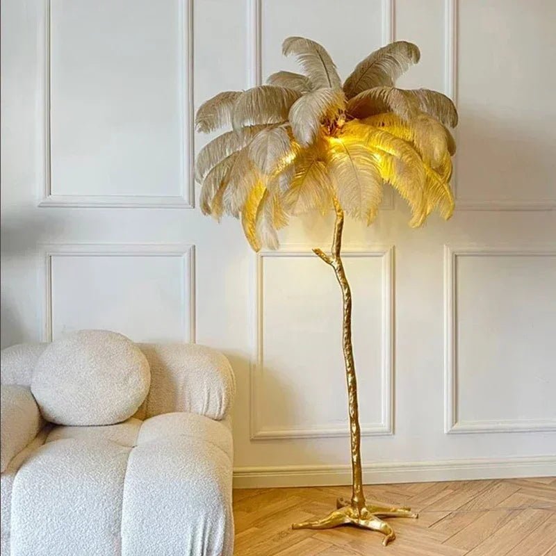 Lampadaire LED en plumes d'autruche, design nordique moderne, lumière chaleureuse pour salon et coin cosy - Luminous Place