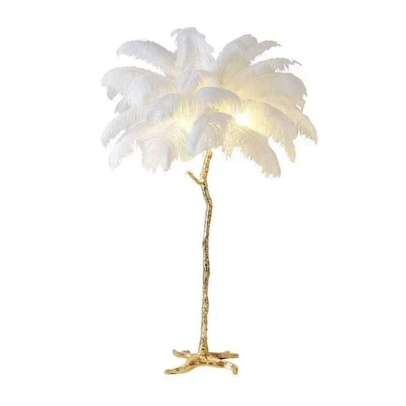 Lampadaire LED en plumes d'autruche, design nordique moderne, lumière chaleureuse pour salon et coin cosy - Luminous Place
