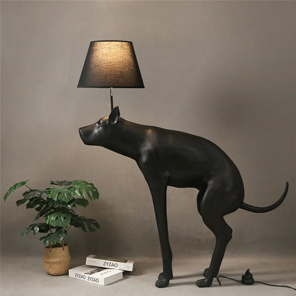 Lampadaire LED en résine avec abat - jour tissu, design chien noir, ambiance cosy - Luminous Place