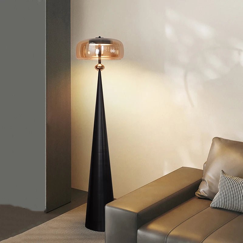 Lampadaire LED moderne minimaliste en verre et ferronnerie, lumière chaude dimmable avec télécommande - Luminous Place
