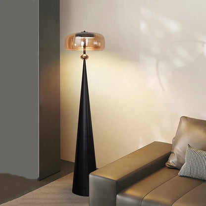 Lampadaire LED moderne minimaliste en verre et ferronnerie, lumière chaude dimmable avec télécommande - Luminous Place