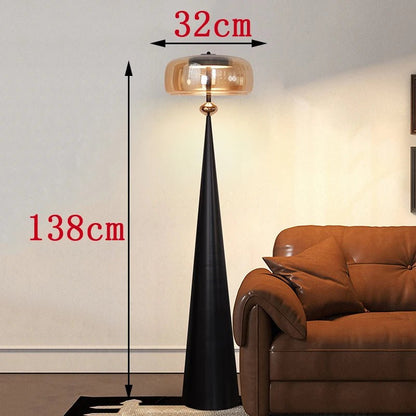 Lampadaire LED moderne minimaliste en verre et ferronnerie, lumière chaude dimmable avec télécommande - Luminous Place