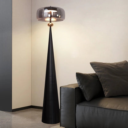 Lampadaire LED moderne minimaliste en verre et ferronnerie, lumière chaude dimmable avec télécommande - Luminous Place