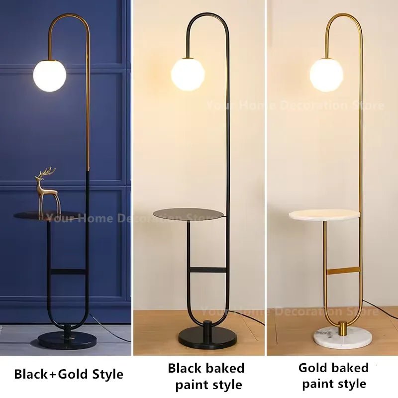 Lampadaire moderne noir et or avec lampe ronde et étagères en marbre - Luminous Place