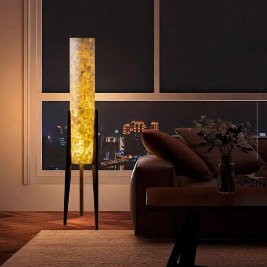 Lampadaire Wabi Sabi Zen en noyer noir, lumière chaude, style chinois rétro - Luminous Place