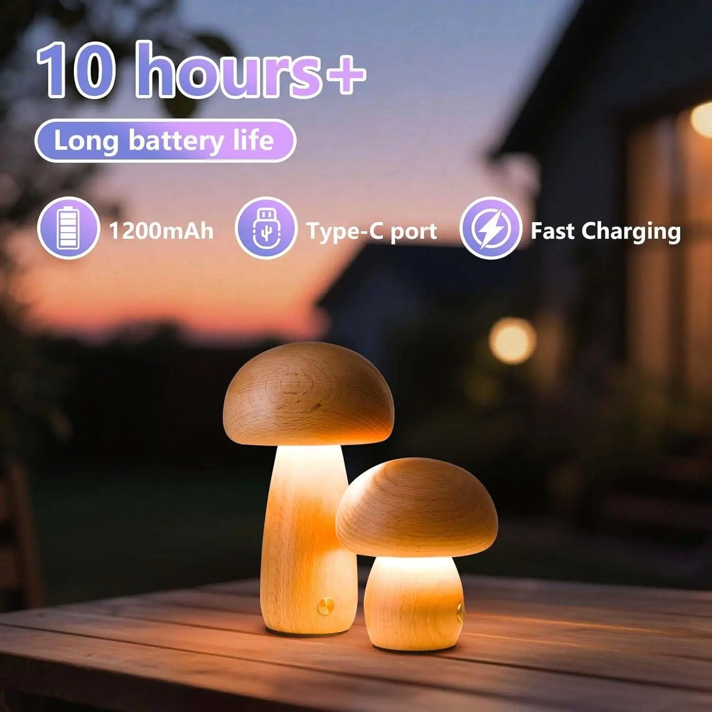 Lampe de table champignon en bois rechargeable à intensité variable, lumière chaude et tactile pour chambre - Luminous Place