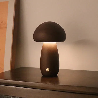 Lampe de table champignon en bois rechargeable à intensité variable, lumière chaude et tactile pour chambre - Luminous Place