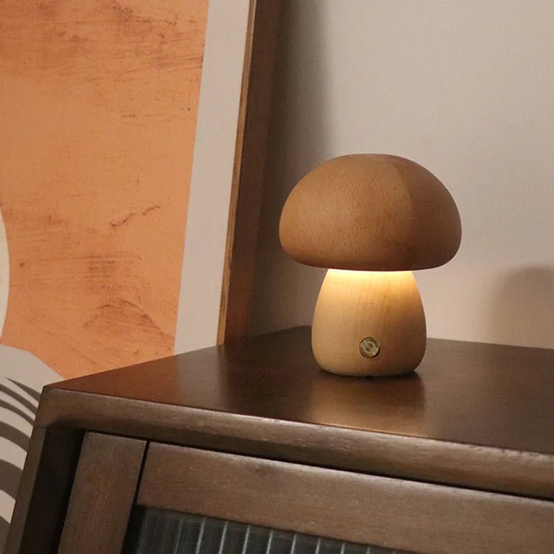 Lampe de table champignon en bois rechargeable à intensité variable, lumière chaude et tactile pour chambre - Luminous Place