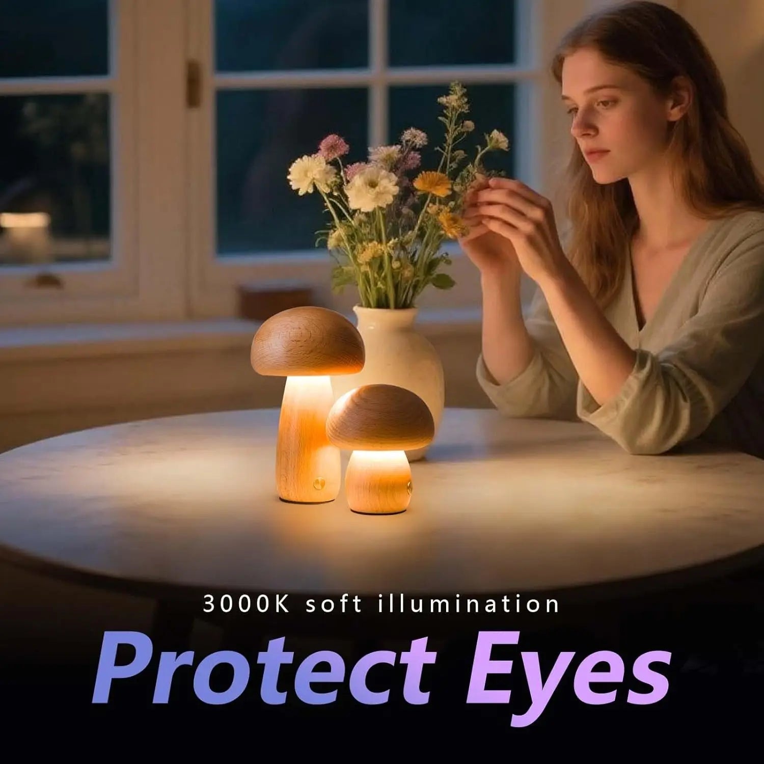 Lampe de table champignon en bois rechargeable à intensité variable, lumière chaude et tactile pour chambre - Luminous Place