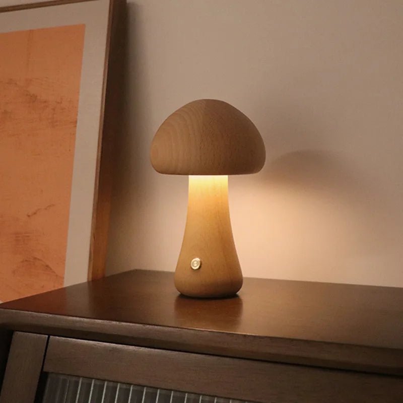 Lampe de table champignon LED tactile en bois, lumière douce pour chambre d’enfant - Luminous Place
