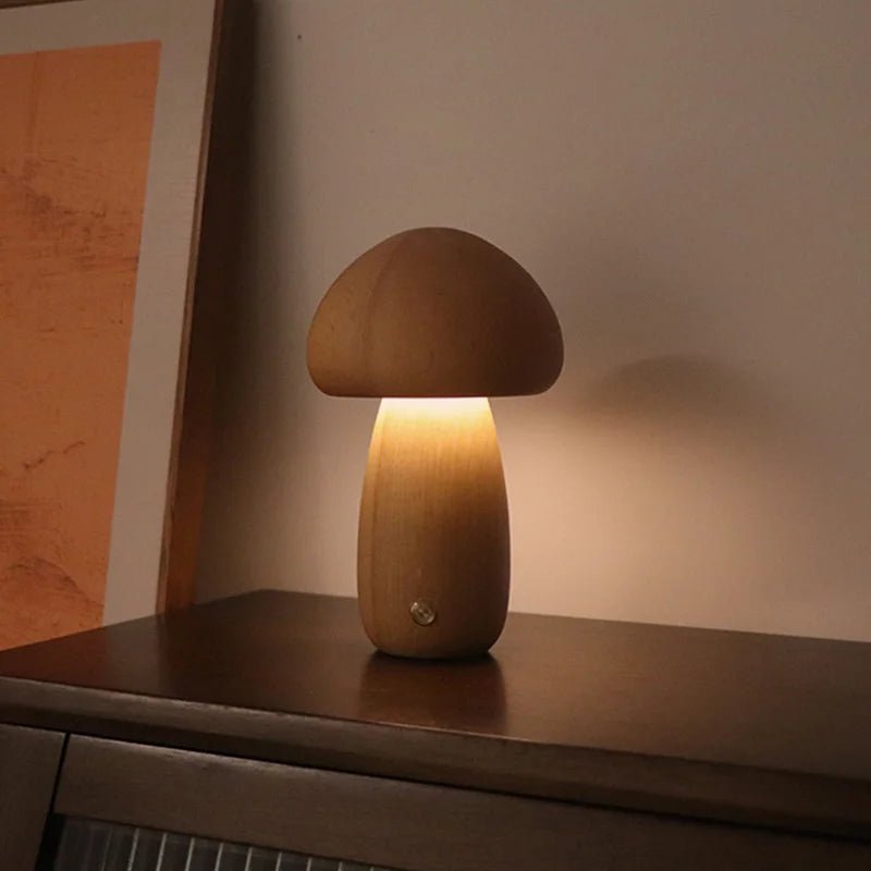 Lampe de table champignon LED tactile en bois, lumière douce pour chambre d’enfant - Luminous Place