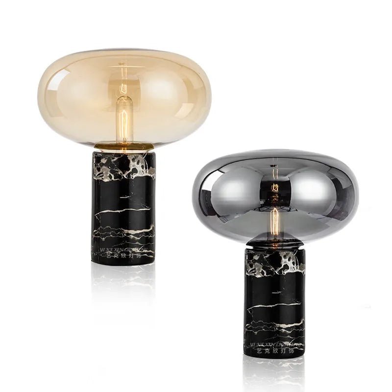 Lampe de table en marbre et verre, design post - moderne minimaliste, lumière chaleureuse - Luminous Place