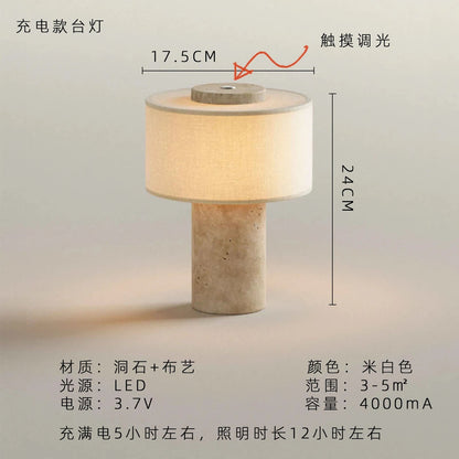 Lampe de table nordique en marbre jaune travertin avec abat - jour tissu, éclairage cosy pour salon et chambre - Luminous Place