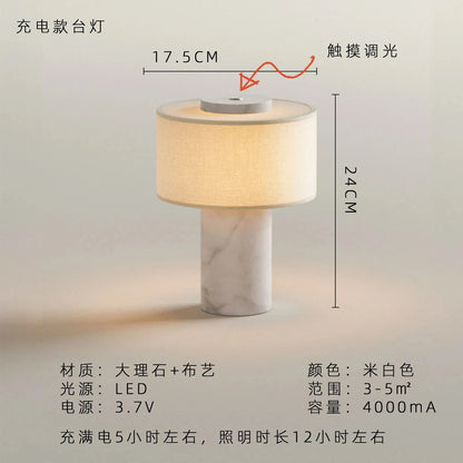 Lampe de table nordique en marbre jaune travertin avec abat - jour tissu, éclairage cosy pour salon et chambre - Luminous Place