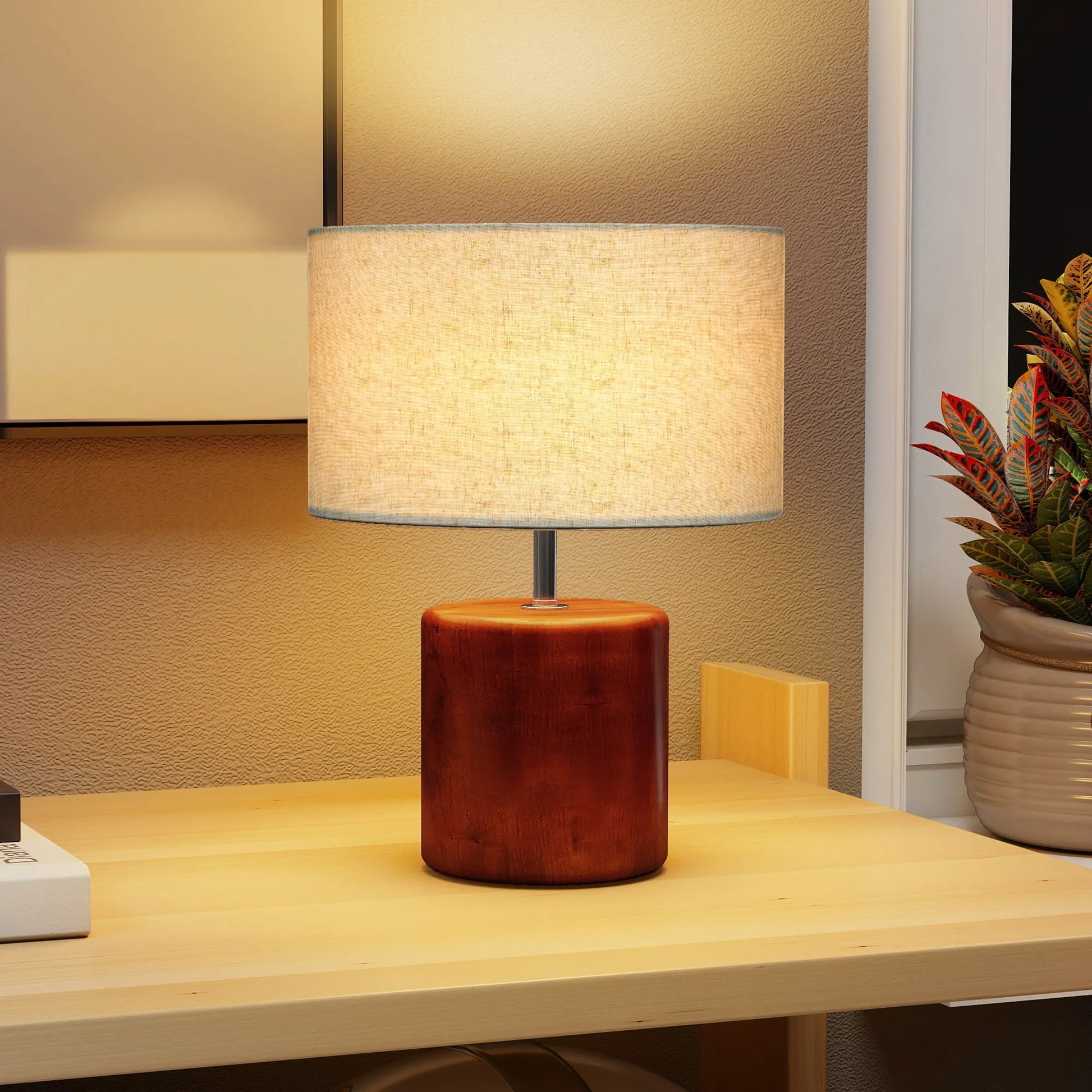 Lampe de table rustique en bois massif avec abat - jour en lin, lumière chaude et ambiance cosy - Luminous Place