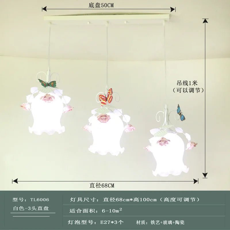 Lampe Enfant Lustre Fer Forgé à Trois Têtes Style Pastoral Rose - Luminous Place