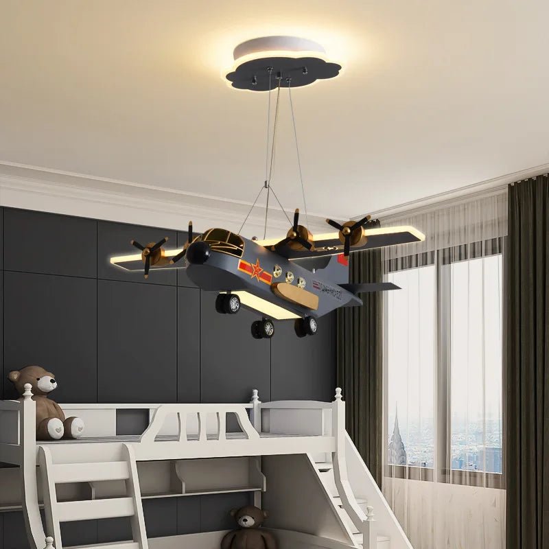 Lampe Enfant Lustre LED Avion Gris et Orange Design Nordique pour Chambre Garçon - Luminous Place
